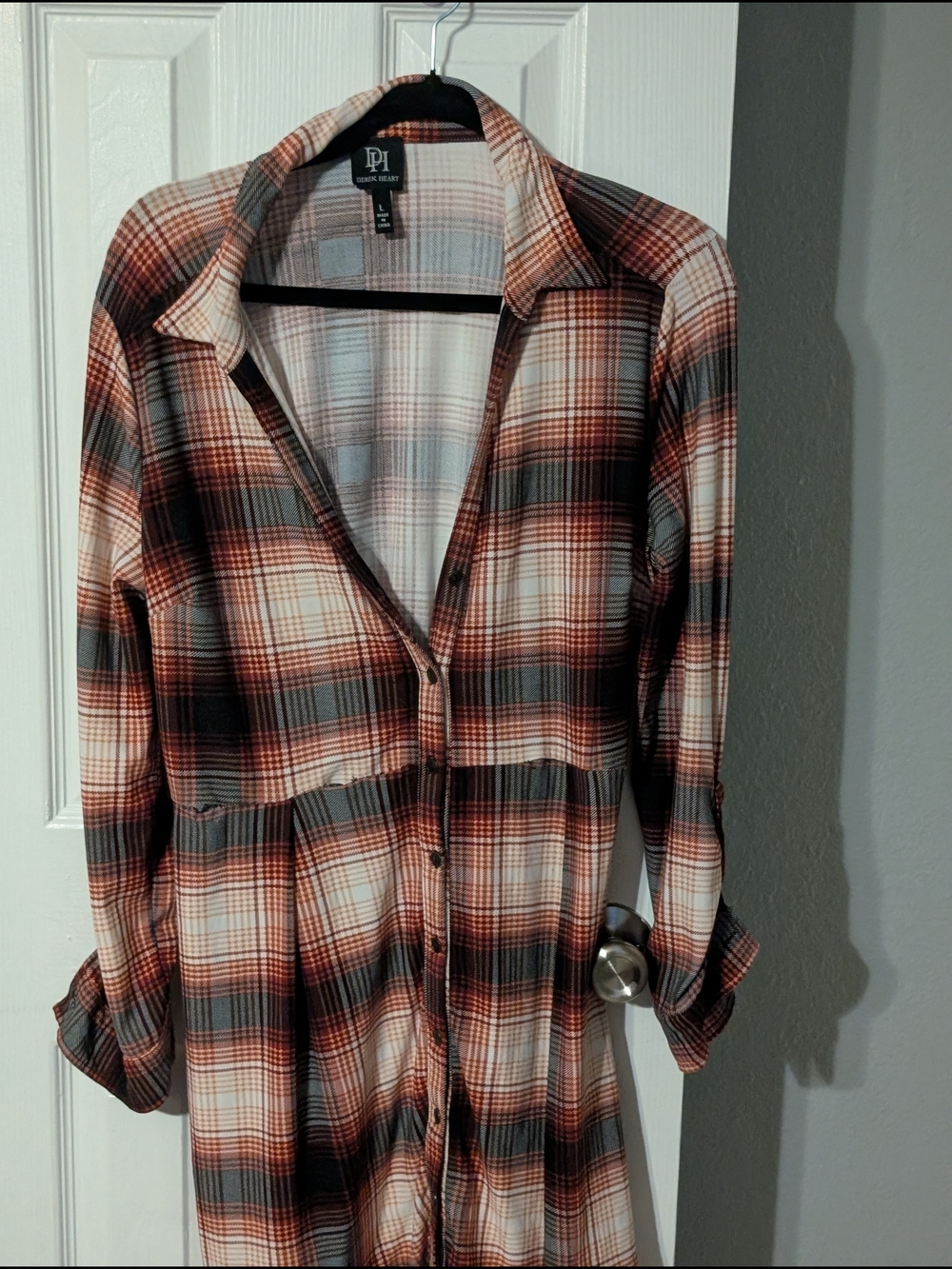 Derek Heart Plaid Flannel Button-Down Shirt Dress - Size L